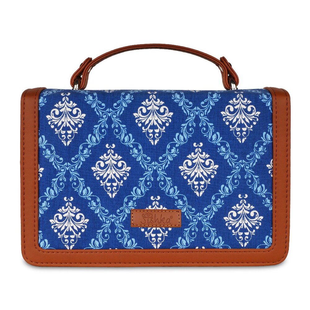 Handcrafted Blue Printed Fabric Top Handle Crossbody Sling Bag Purse for Ladies